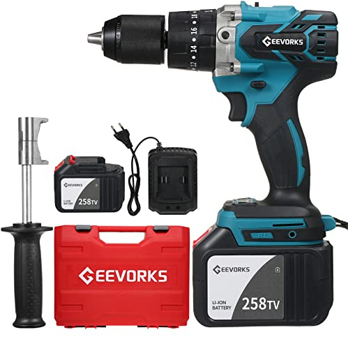 Taladro Inalámbrico Baterías 200N.m 1/2 Pulgada Portabrocas de Metal sin Llave 20+3 Posiciones 0-2150RMP Martillo de Impacto de Velocidad Variable Taladro Destornillador