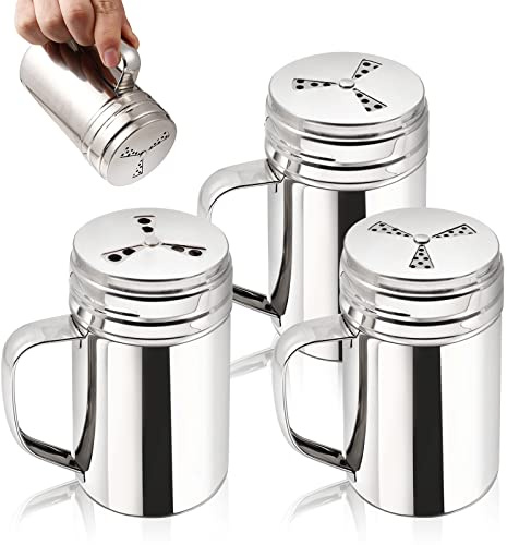 Lot de 3 grandes salières et poivrières avec poignée, salière de cuisine en acier inoxydable, distributeur d'épices à sec avec trous de couvercle pour sel/poivron/cannelle/poudre de sucre/barbecue