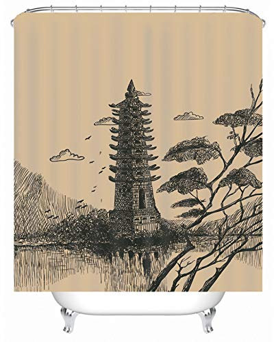 EHOMERY Duschvorhang Anti Schimmel Duschrollo Ersatzrolle Turmbäume Polyester Beige Rostfreie Ösen Und 12 Hakenringe, 140X180Cm