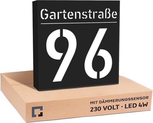 PRINTIMA Hausnummer Beleuchtet LED mit Dämmerungssensor 30x30 cm Schwarz mit Gravur, 6W A++, 230V, wasserdicht, modernes Design, robust & stilvoll