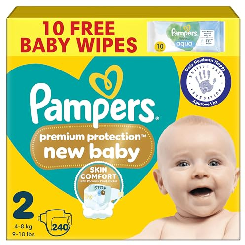 Pampers Premium Protection New Baby Size 2, 240 Nappies, 4kg-8kg, Monthly Pack, The Only Newborn Nappy Approved by British Skin Foundation