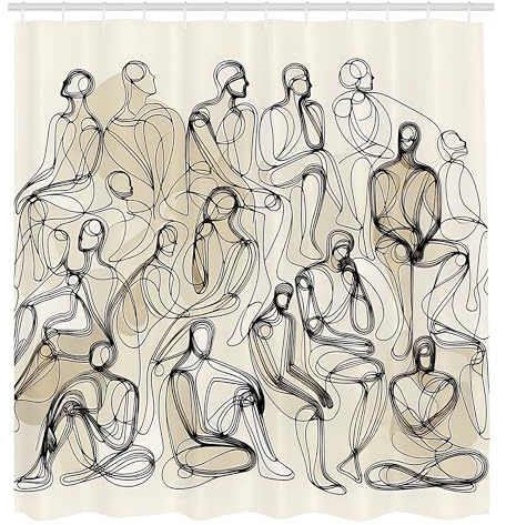 ABAKUHAUS Estetico Tenda da Doccia, Persone in linea continua, Tessuto Set di Decorazioni per il Bagno con Ganci, 175 x 200 cm, Avorio Antracite Grigio