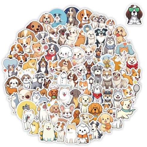100 Pcs Cute Dog Stickers for Kids, Waterproof Puppy Stickers for Water Bottle Laptop, Dog Decor & Party Favors for Boys Girls