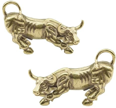 SnowOwl Brass Bull Statue 2pcs, Small Cow Figure Statues Ox Sculptures, Perfect Decor Home Table Decoration Office Desk Animal Ornament Figurine (Bronze-6)