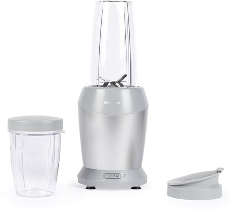 Salter Aspen NutriPro Blender – Compact Personal Food Blender, Mini Smoothie Maker, 1L Blending Jug with Storage Lid, 800ml Drinking Cup, Detachable 6-Wing Blade, BPA-Free, 1000W, Silver