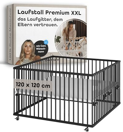 Sämann Baby Laufstall aus Holz I Baby Laufgitter 120x120 cm Schwarz/Natur I Robuster & höhenverstellbarer Laufstall aus Buchenholz I Mit gummierten Rollen & TÜV geprüft