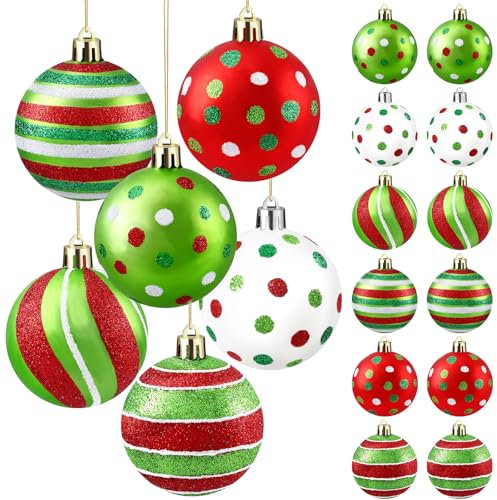 JOLCEEY 18pcs Christmas Tree Baubles, 2.4 Inch Hanging Christmas Balls Ornaments Glittering Red and Green Christmas Baubles Shatterproof Balls with Strings for Xmas Tree Decorations