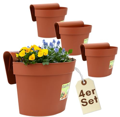 GarPet 4er Set Geländertopf Balkon mit Wasserspeicher Blumentopf Zaun Blumenkasten Geländer Geländerkasten Balkontopf Balkonkasten Balkon Blumenkasten Geländer Terracotta