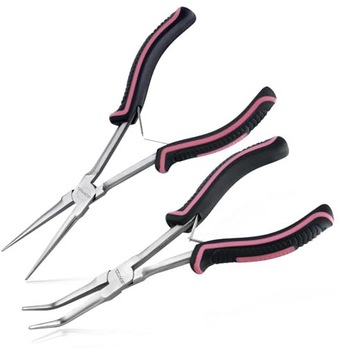 LEONTOOL 2PCS 7-Inch Long Reach Needle Nose Pliers Smooth Jaws Long Nose Pliers and Bent Nose Pliers Extra Long Needle Nose Pliers Jewelry Pliers for Jewelry Making, Wire Wrapping and Object Gripping