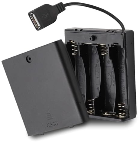 TECHZOCO Portapilas con Interruptor ON/Off, Soporte de Batería AA, Caja de Batería, Porta Pilas, Incluye Cable USB Hembra, Voltaje Total: 6V (1.5V por Pila), Apto para 4 Pilas LR6 AA (FR6, HR6, LR6)