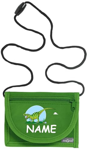 Kiwistar - Brustbeutel grün - T-Rex - 13 x 10 cm Geldbeutel zum umhängen - Geldbörse für Jungen & Mädchen mit Namen individuell personalisiert