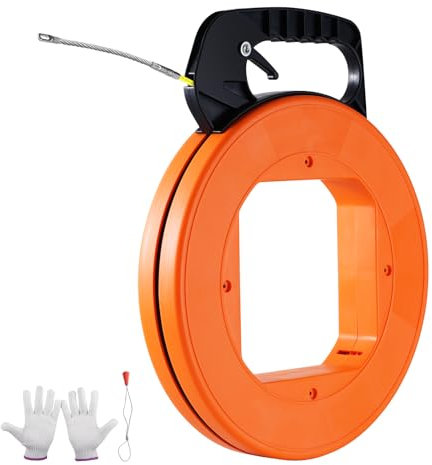 VEVOR Aiguille Électricien 60,96 m Tire Fils Électrique Fibre de Verre 4,7 mm avec Boîtier, Poignée, Facile à Utiliser, Outil Extraction Câble Flexible pour Murs, Conduits Électriques, Non Conducteur