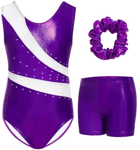 Gogokids Ensemble de gymnastique trois pièces pour fille avec short, justaucorps sans manches avec pierres décoratives, tenue de gymnastique étincelante pour fille, tenue de danse sportive pour