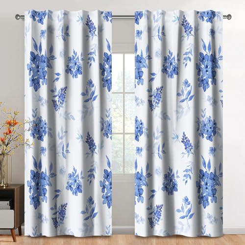 Kzzfqxb 2 Paneele 140x229cm Blumenvorhänge mit Stangentasche, Pflanzen Kräuter Blau Wildblumen Blumensträuße Unkraut Blätter Fenstervorhänge, Elegantes Dekor für Wohnzimmer Schlafzimmer Esszimmer