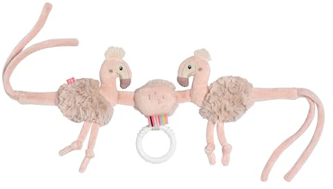 Fehn Kinderwagenkette Flamingo, Babyspielzeug mit Rassel und Greifring | Flexibel an Kinderwagen, Babyschale & Bettchen befestigen – mit Rassel, Quietsche & Greifring für zuhause & unterwegs