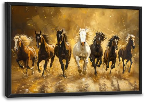 Großes Pferd, Wandkunst, Motiv: 7 laufende Pferde, Wanddekoration, goldene Leinwanddrucke, Bilder, modernes gerahmtes Kunstwerk, Heimdekoration über dem Bett, für Wohnzimmer, Esszimmer, Schlafzimmer