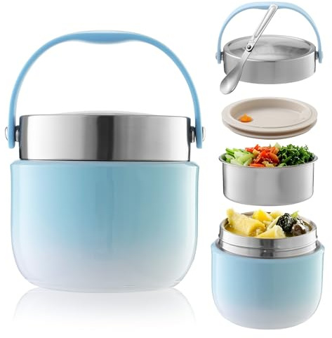 BUCOMTU Thermos per Alimenti 1200 ml Contenitore Termico per Alimenti con Cucchiaio Pieghevole Porta Pappa Termico per conservare zuppe, porridge,Riso (Blu)