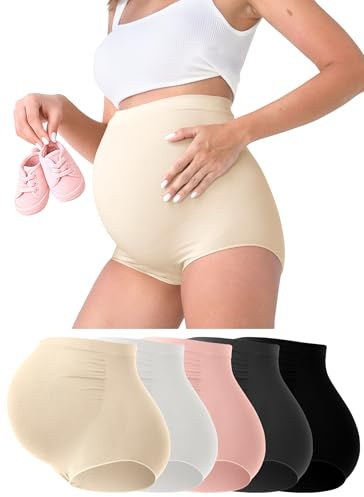 Rnxrbb M-5XL 3-5 PCS Maternity Underwear Over Bump Plus Size Maternity Panties Seamless Support Clothes High Waisted,Black+Beige+Pink+Gray+White 4XL