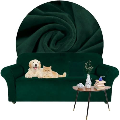 Domidekor - Sofa Überzug Dunkelgrün - Couch und Sofabezug 2 Sitzer - Sofaüberwurf für Wohnzimmer - Sesselbezug Stretch - Elastische Samt Couchbezug - Breite 145-185cm - Oeko-Tex 100