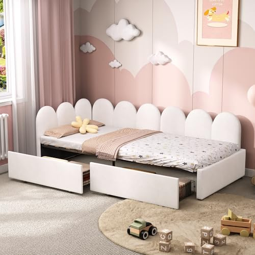 LTGB 3ft Single Daybed with Two Storage Drawers, Modern Youth Bed frame with Wooden Slats, Velvet Sofa Bed for Living Room/Bedroom/Study Room, 90X190cm, Easy Assembly, Cream White (No Mattress)