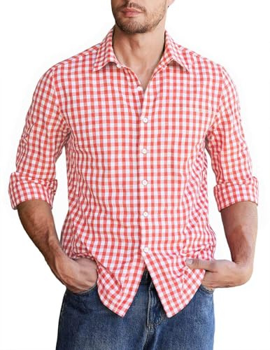 Halfword Camicia Quadri Uomo Maniche Lunghe Popeline Cotone Tradizionale Oktoberfest Botton-Down Rosso XXXL