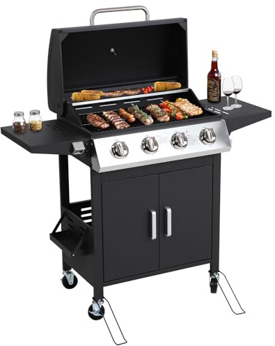 Sgemart 4-Burner Propane Gas Grill, 40,000 BTU Stainless Steel BBQ Grill with Foldable Side Tables, Side Burner & Wheels for Outdoor Cooking, Patio & Backyard