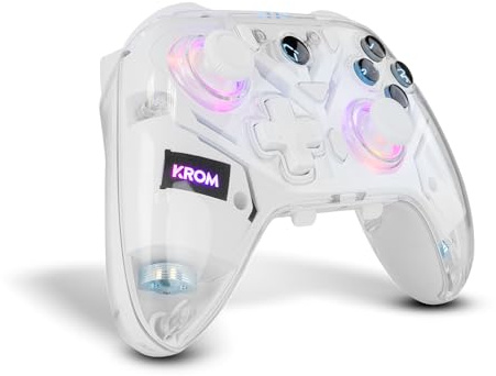 KROM KRYSTAL — Mando Inalámbrico Transparente Bluetooth 5.0, RGB, 17 Botones Customizables, Vibración Dual, Macros, Compatible con PC/Switch/Switch 2/iOS/Android
