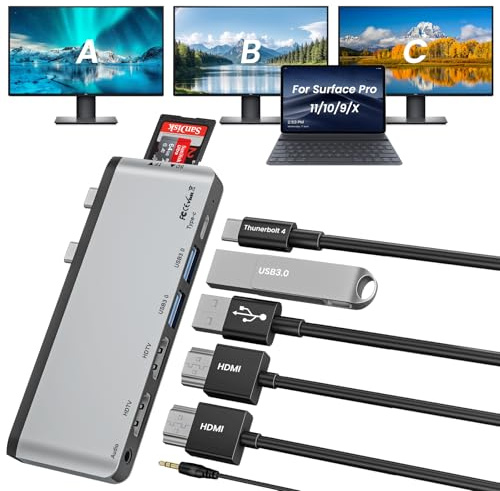 Surface Pro 11/10/9/X Hub USB C Dotato di doppia porta HDMI 4K@60Hz, porta USB-C Thunderbolt 4 (che supporta display 8K + trasferimento dati + ricarica da 100 W), USB 3.0, SD/TF