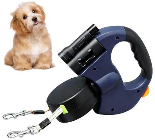 BAIFULAI Guinzaglio retrattile per 2 cani, 3 m - Doppio guinzaglio per 2 cani con luce - Impugnatura antiscivolo - Estensibile - Per cani di taglia piccola e media - Blu