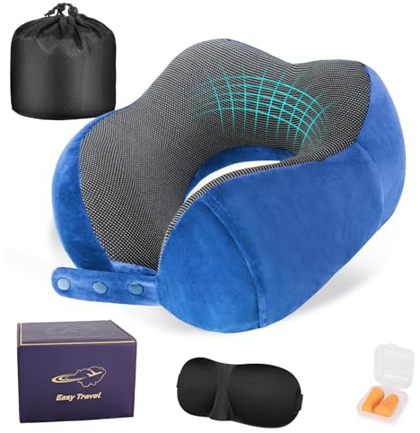 Cirorld Nackenkissen Flugzeug, Nackenhörnchen Erwachsene, Reisekissen Memory Foam, Verstellbares Kompaktes Nackenkissen Reise, Ergonomisches Weich Atmungsaktiv mit Ohrstöpseln, Augenmaske,Tragetasche
