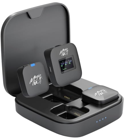 MagicMic™ 3 Pro Influencer Mikrofon Set LCD-Display, KI Geräuschunterdrückung, 20h Akku Stereo/Mono Modus, Lautstärkeregelung Kabelloses Mic für iPhone, Android, PC, YouTube, Vlogs (2 TX + 1 RX)