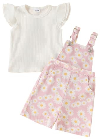 LUVCES Completo Estivo per Bambina Maglietta a Coste con Volant+ Salopette Corta con Bretelle Floreali 2 Pezzi Abbigliamento per Primavera Estate Vestiti Set Stampa floreale rosa 2-3 Anni