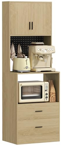 HOMCOM Meuble micro-ondes, buffet, armoire de cuisine, 2 tiroirs, 2 portes, plan de travail, étagère réglable, panneau perforé, 4 crochets, meuble de rangement pour salle à manger, salon, bois naturel