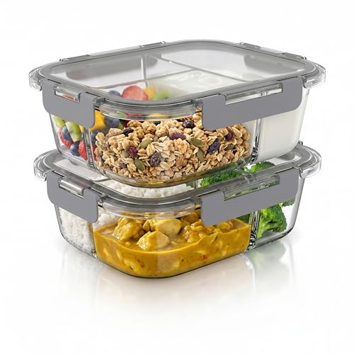 Arendo - Glas Frischhaltedosen Vorratsdosen für Lebensmittel mit Deckel luftdicht - 3 Fächer - 2er Set - 1000 ml - für Mikrowelle Gefrierschrank - Spülmaschinen geeignet - Lunchboxen Meal Prep Boxen
