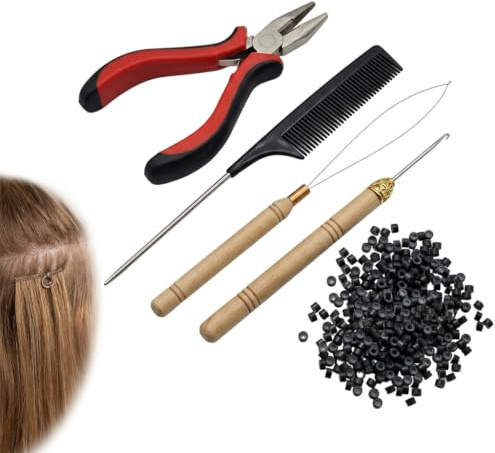 204 PCS Nano Beads Hair Extensions Kit with 200 PCS Black Nano Ring Beads | Professional Hair Extension Tools with Hair Extension Pliers Comb and 2PCS Loop Threaders for Extending Removal Salon DIY Use