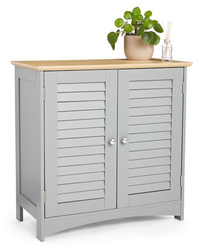 VonHaus Bathroom Storage Cabinet – Grey Bathroom Cupboard with Wood Effect Top - Freestanding Storage Cupboard with 2 Shutter Style Doors & 2 Internal Shelves - for Kitchen & Hallway – Shrewsbury