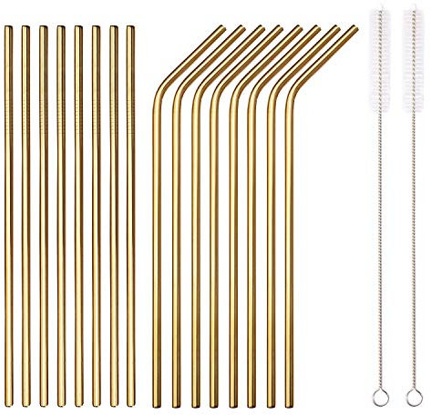 HOMQUEN 18-teilige Gold-Trinkhalme aus Edelstahl, wiederverwendbare 8,5-Zoll-Trinkhalme, mit Tragetasche, Geeignet für Wein und kalte Getränke (8 gerade / 8 gebogene / 2 Bürsten)