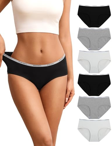 INNERSY Bragas Mujer Algodón Comodas Braguitas Culotte Cintura Midi Ropa Interior Deportiva Pack de 6 (M-EU 40, 2Negro+2Blanco+2Gris)