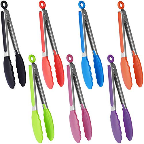 Fiyuer 7 Pcs Grillzange Silikon Hitzebeständig Zange Küche Set Küchenzange Edelstahl Hitzebeständige Lebensmittelzange Salat,Backen Servieren Buffet Ofen Brot Nudeln(7 Farben)