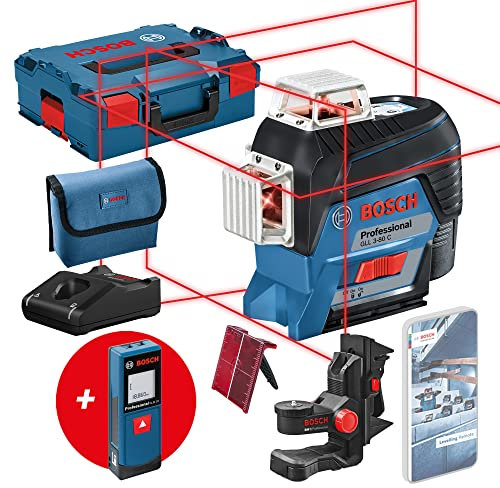 Bosch Professional laser lignes GLL 3-80 C + télémètre laser GLM 20 (1 batterie 12 V, laser rouge, avec application mobile dédiée, portée : jusqu’à 30 m, dans une L-BOXX)