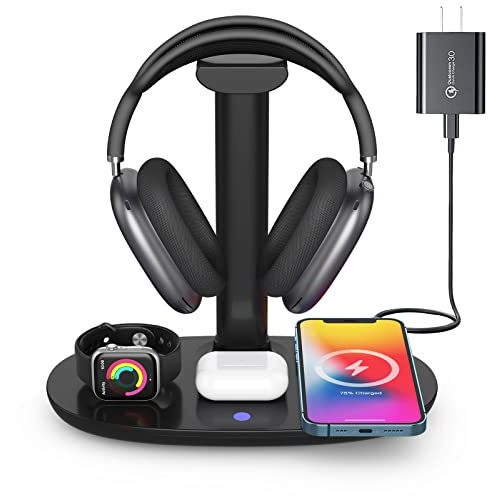 Headphone Stand with 15w Wireless Charger, Suguder 4 in 1 Charging Station Headset Holder for AirPods Max/Pro/4/3/2 iWatch 10/9/8/7/6/5/4/3/2/1/SE iPhone 17/16/15/14/13/12/11/X for Desktop Table Game