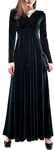 Abito da sera da donna maxi abito da festa vintage con scollo a V in velluto elastico lungo manica lunga tinta unita abiti, Nero , L