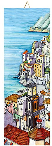 Baldosa cerámica cm. 10x30 con Impresión de un Paisaje de la Costa de Amalfi, Paisaje costero 5, Azulejo Ornamental para Colgar.