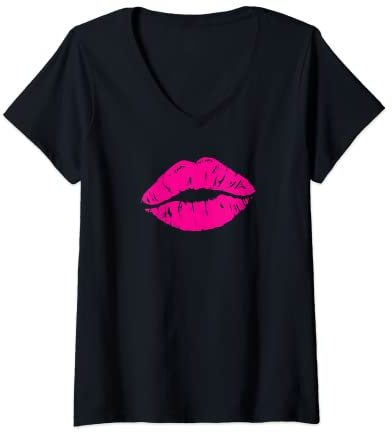 Damen Lippenstift Print 80er Jahre Hot Pink Lips Kiss Print Lippenprint T-Shirt mit V-Ausschnitt