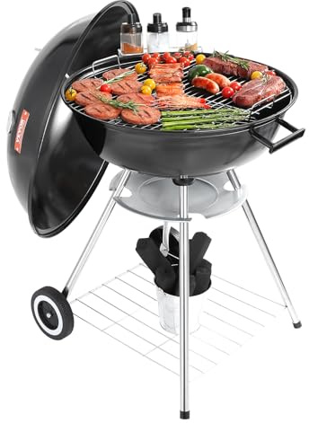 VEVOR Barbacoa de Carbón Redonda Diámetro de 56 cm Barbacoa Redonda con Tapa y Ruedas Parrilla de Carbón de Porcelana Esmaltada Termómetro y Aireadores Integrados Jardín Playa Camping al Aire Libre