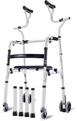 BASII Trocknerrad-Gehgestell mit 4 Rädern, Dicke Aluminiumlegierung, Rehabilitations-Hilfsgehgestell, Gehhilfe für ältere Menschen, höhenverstellbar (Silber mit Sitz)