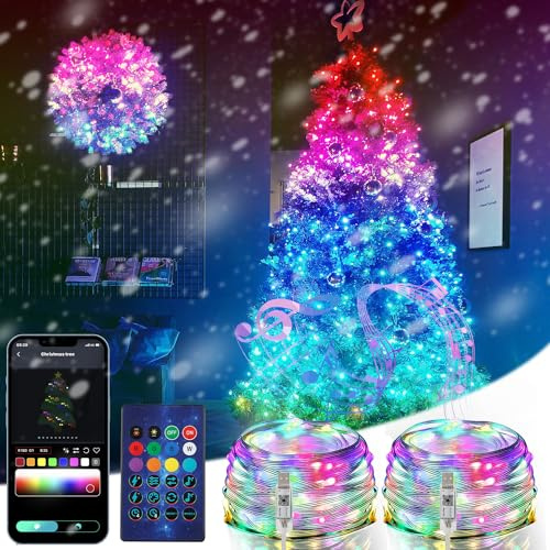 ZWOOS 2 X 10m 100LED Lichterkette RGB, Synchronisierung mit Musik, Stromversorgung über USB, APP-Steuerung/Fernbedienung, Bluetooth-Verbindung - für Weihnachten, Schlafzimmer