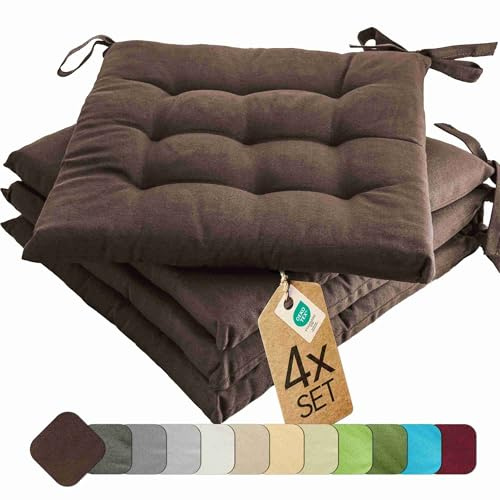 etérea Sittdyna 40x40 cm Brun – Stolsdyna med Knytband, Formstabil Skumkärna, Inne & Ute, 4-pack för Trädgårdsstol, Matrum & Bänk