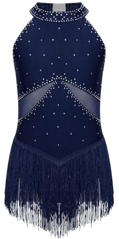 Agoky Mädchen Strass Leotard mit Fransen Mesh Patchwork Tanz Body Eiskunstlauf Kleider Latein Rock Dancewear Navy blau 146-152