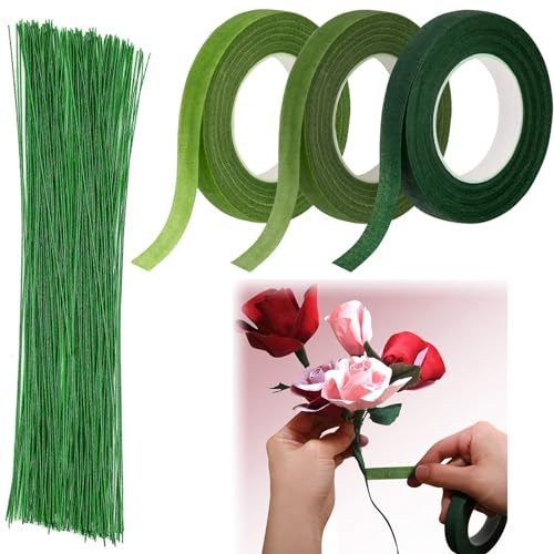 Floristenband, Floristenkrepp Für Frische Blumen, Blumendraht, 3 Rollen Floristik Kreppband Grün, Selbstklebendes Floristenband, Floristendraht (27m/Bände)
